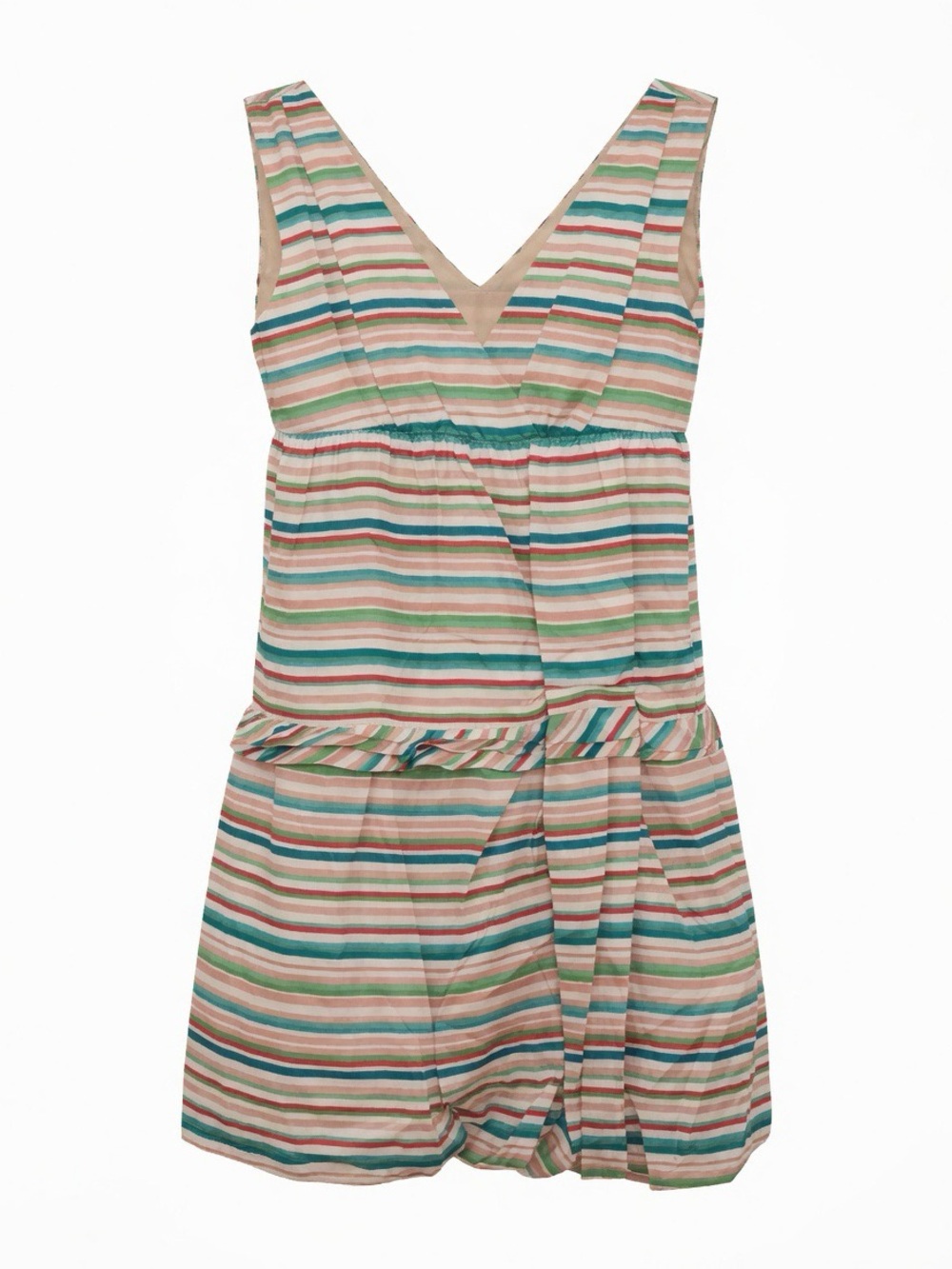 Marni Striped V-Neck Dress in Teal, Pink, Peach & Cream
